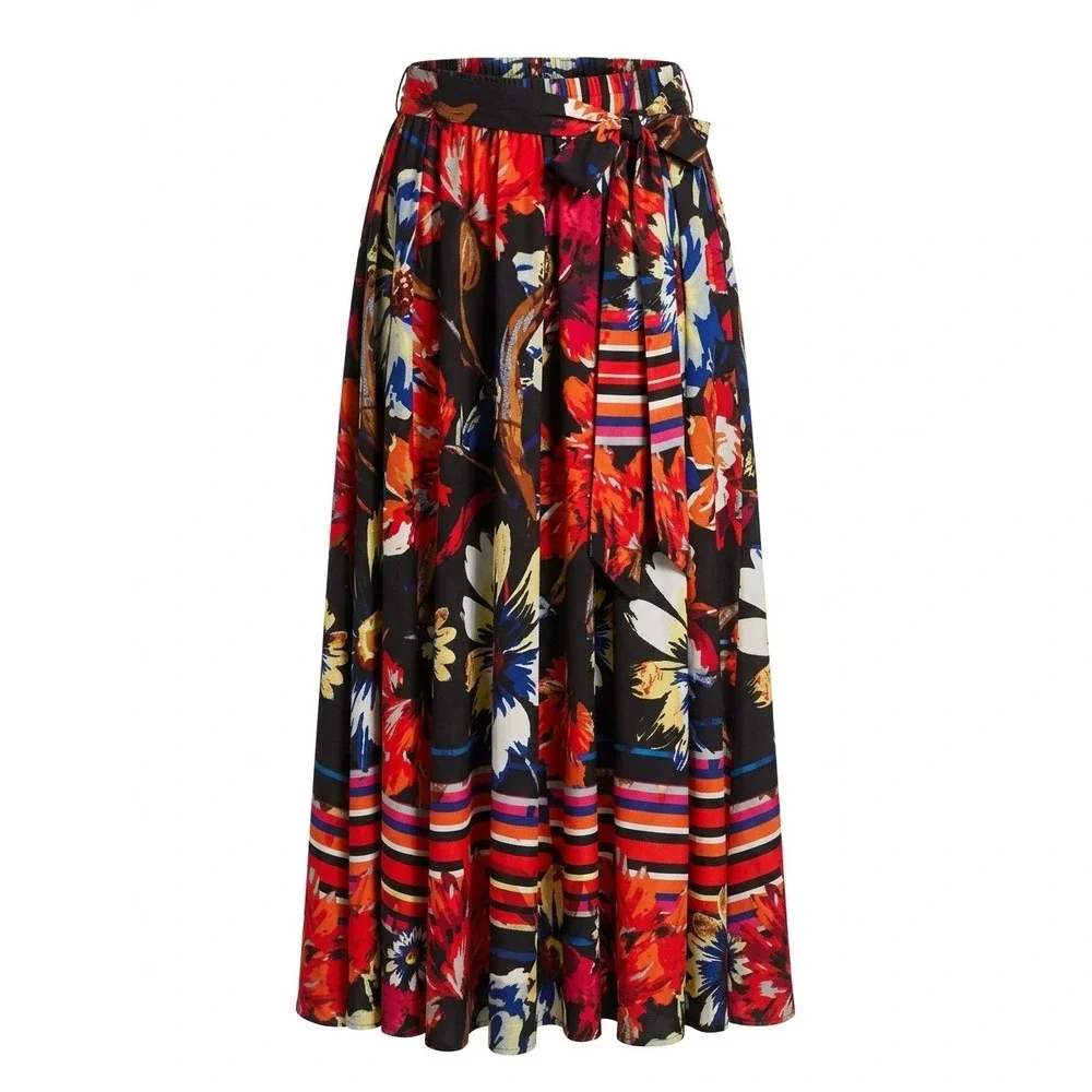 Truly 4 You Floral Maxi Skirt Black Red Tropical Print Tie Waist Size M